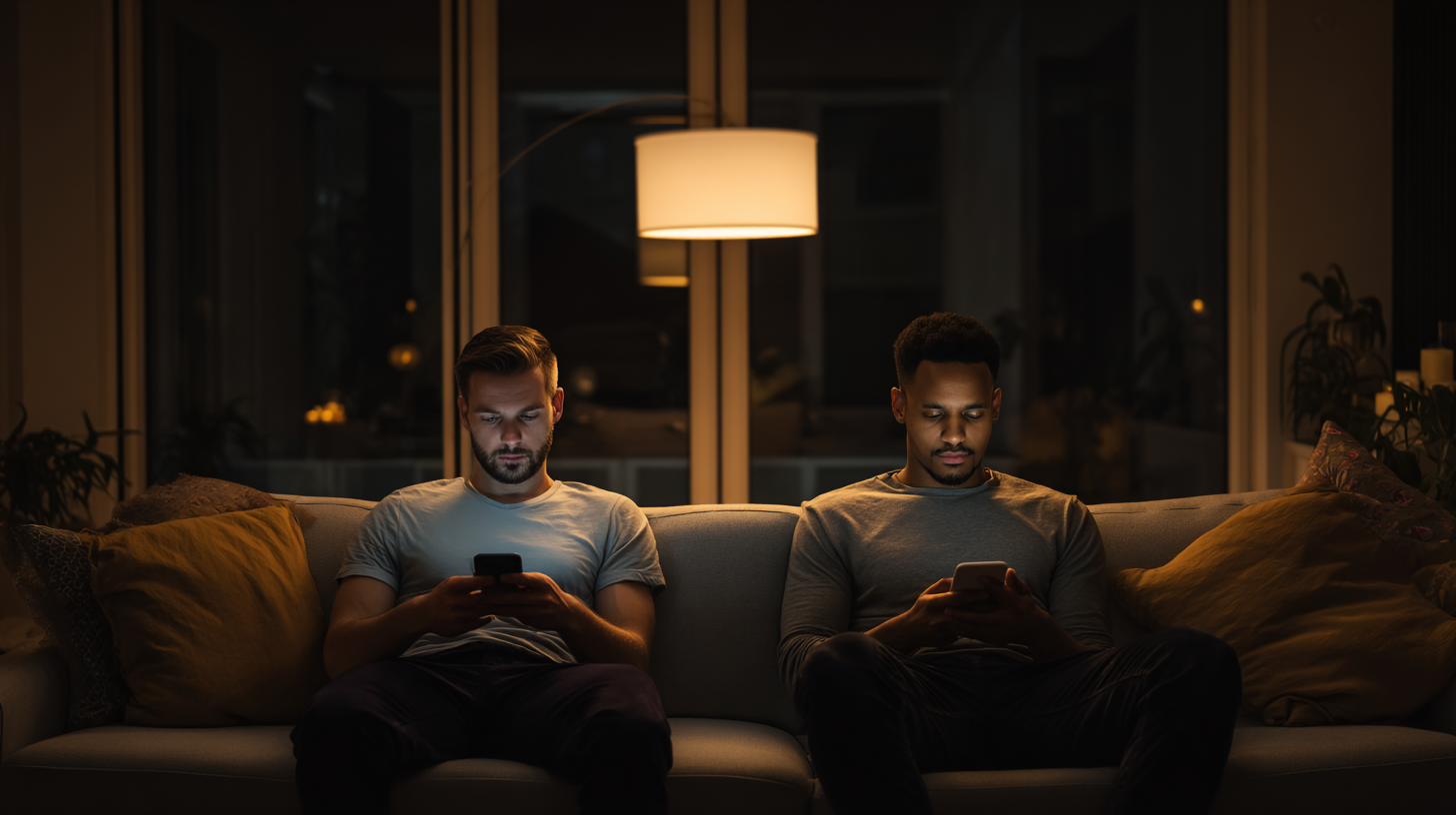 Same-sex male couple sitting on opposite ends of a couch on separate phones, illustrating the slow erosion of trust and emotional connection in a marriage without a single dramatic betrayal