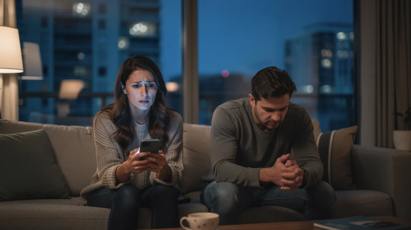 An attractive married couple sits on a sofa in a dimly lit modern apartment, both looking in opposite directions, reflecting emotional distance. The woman holds her phone with a troubled expression while the man stares at the floor, highlighting the tension in their relationship amidst the backdrop of city lights.