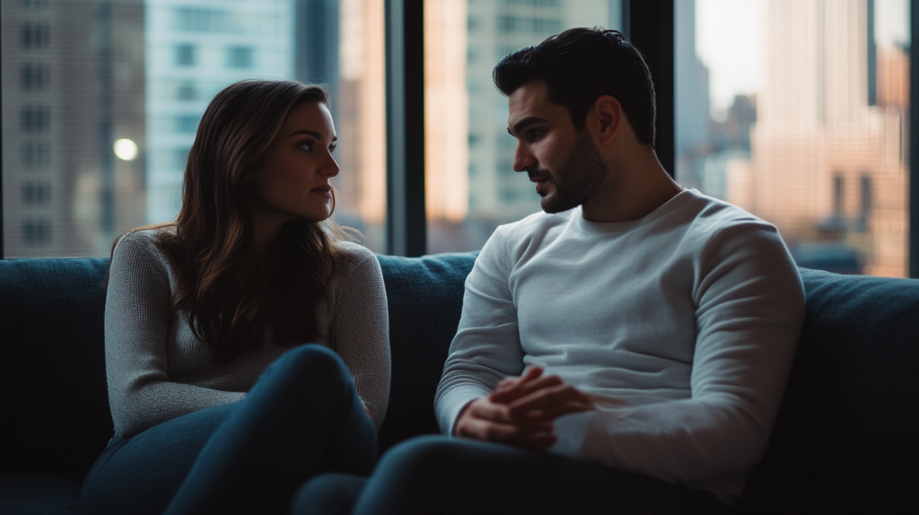 Couple sitting together on a sofa navigating a moment of broken trust, representing how online marriage therapy at Loving at Your Best helps couples rebuild trust after betrayal
