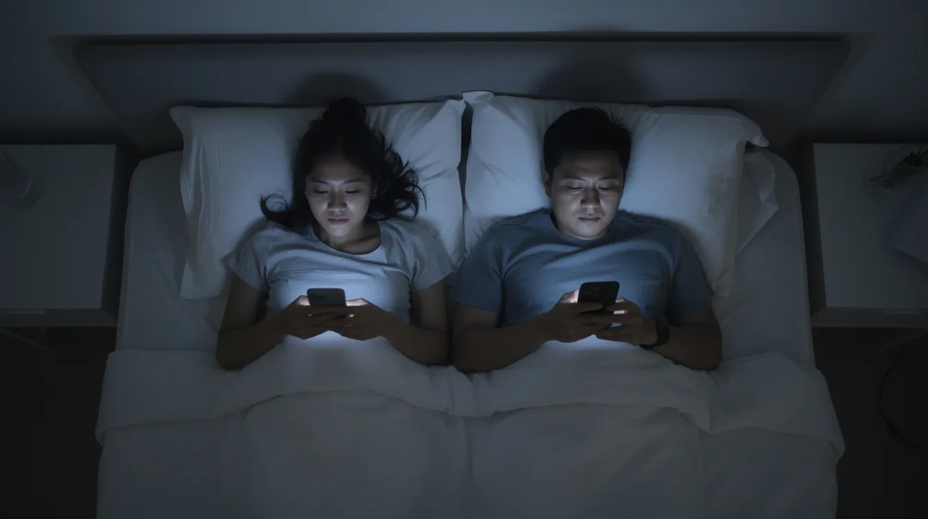 In a modern minimalist bedroom, a diverse couple, a Latina woman and an Asian man, lie in bed at night, each absorbed in their own phones. The blue light from their screens illuminates their faces, highlighting the emotional disconnection between them, as they are physically close yet emotionally withdrawn, reflecting the challenges of maintaining intimacy and trust in a relationship.