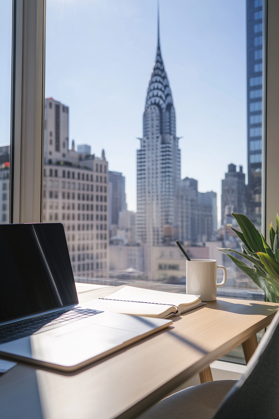 Bright Manhattan office workspace with Chrysler Building view. Travis Atkinson conducts online marriage and couples counseling at Loving at Your Best