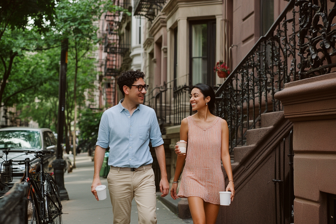 Latino couple walking together along a Park Slope brownstone street on a summer afternoon, illustrating the relationship patterns explored in couples schema therapy