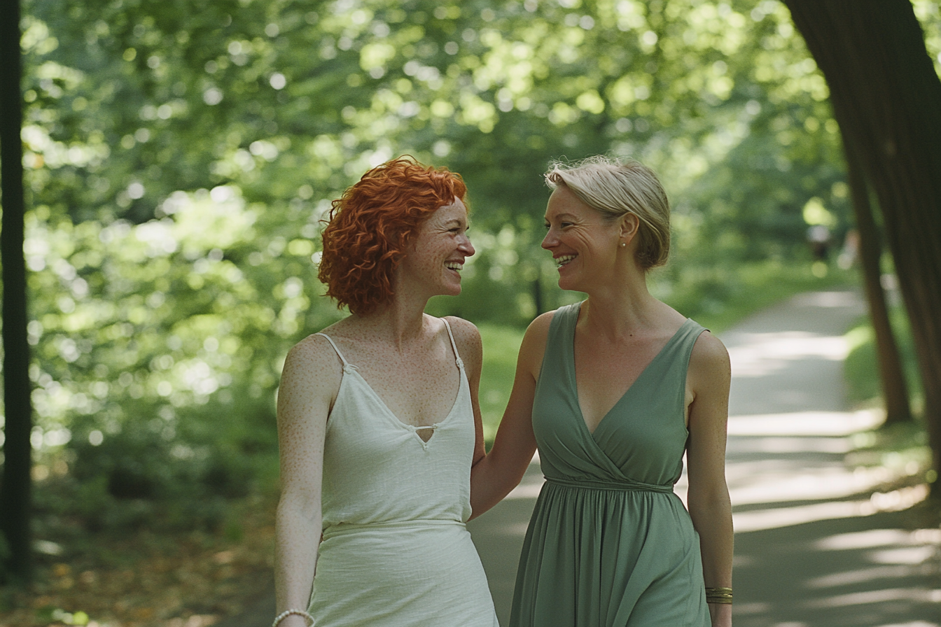 Female couple walking together in Brooklyn Bridge Park, reconnecting through the work of healing relationships in schema therapy for couples