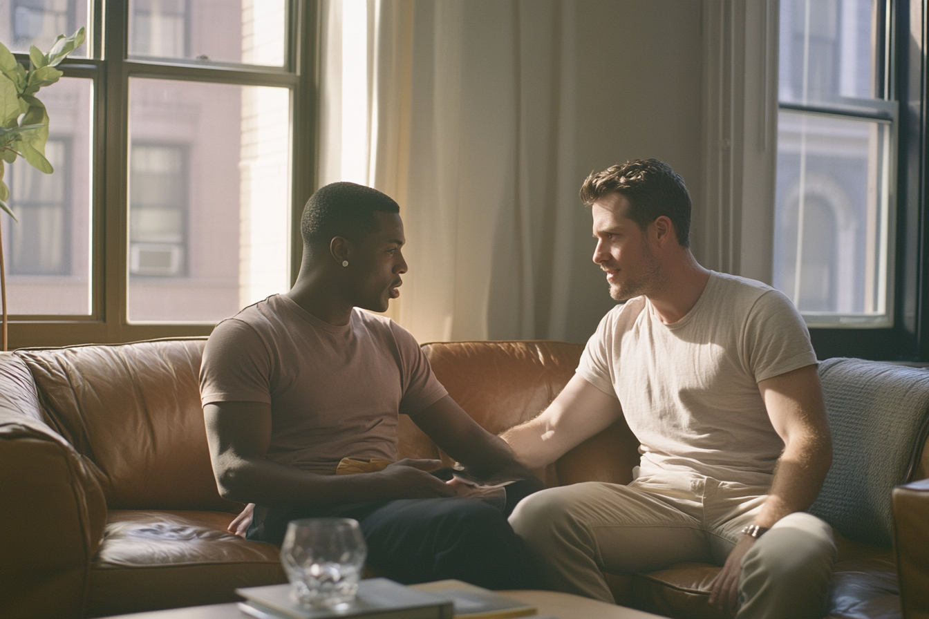 Male couple in a Manhattan apartment in honest emotional conversation, illustrating empathic confrontation in schema therapy for couples
