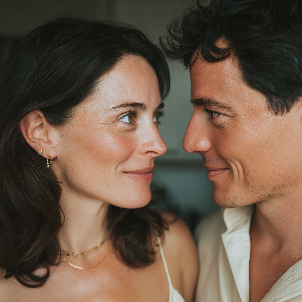 Married Brooklyn couple sharing a quiet connected moment in their modern apartment after an online couples therapy NYC session with Travis Atkinson.