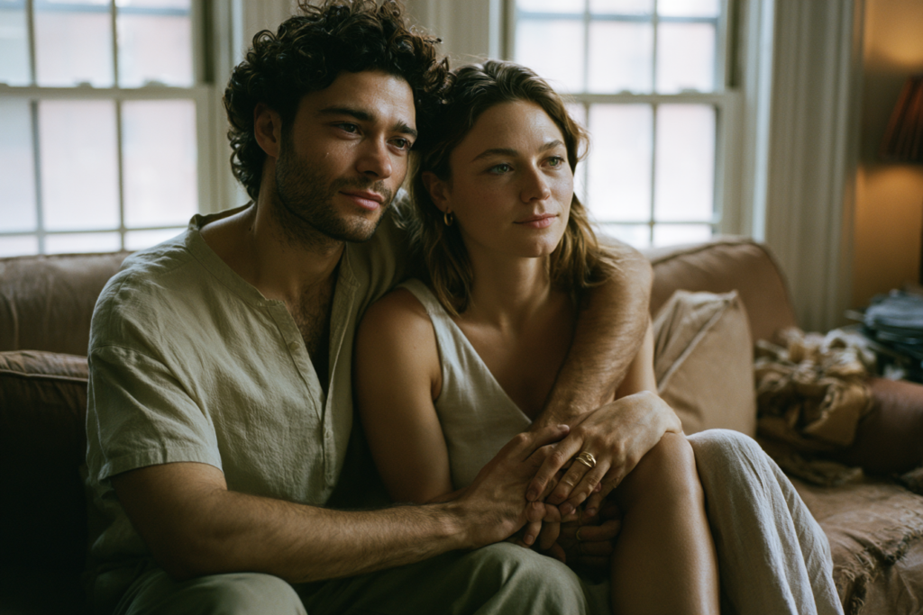 Couple sitting on sofa answering key relationship questions.