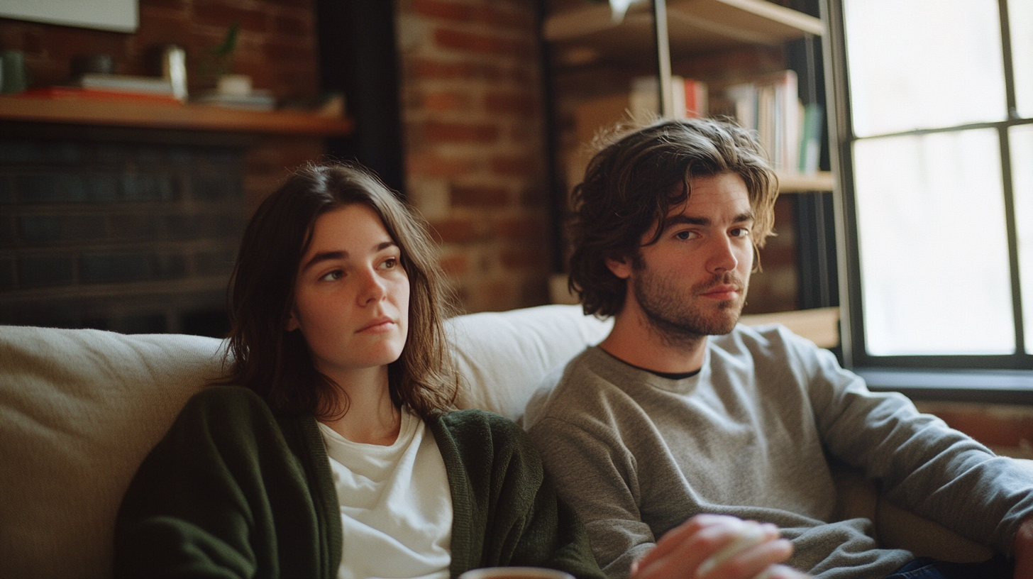 Brooklyn couple sitting with the question of couples therapy or divorce in their brownstone living room