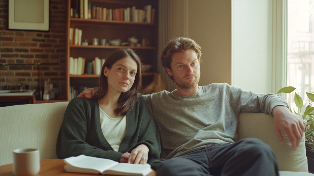 Manhattan couple in their living room sitting with the question of couples therapy or divorce
