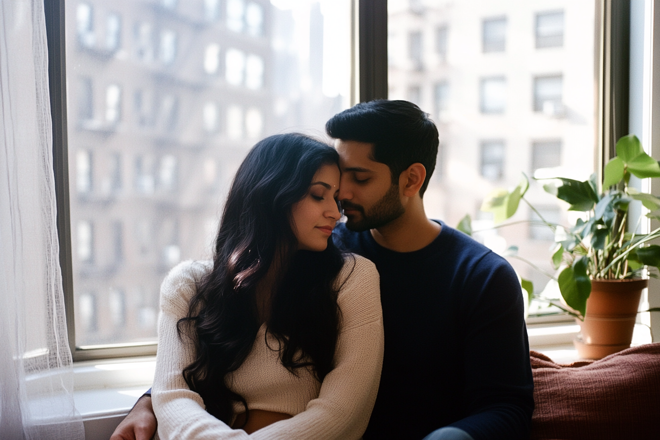South Asian couple in a Manhattan apartment window seat showing the reconnection possible through the healthy adult mode in couples schema therapy