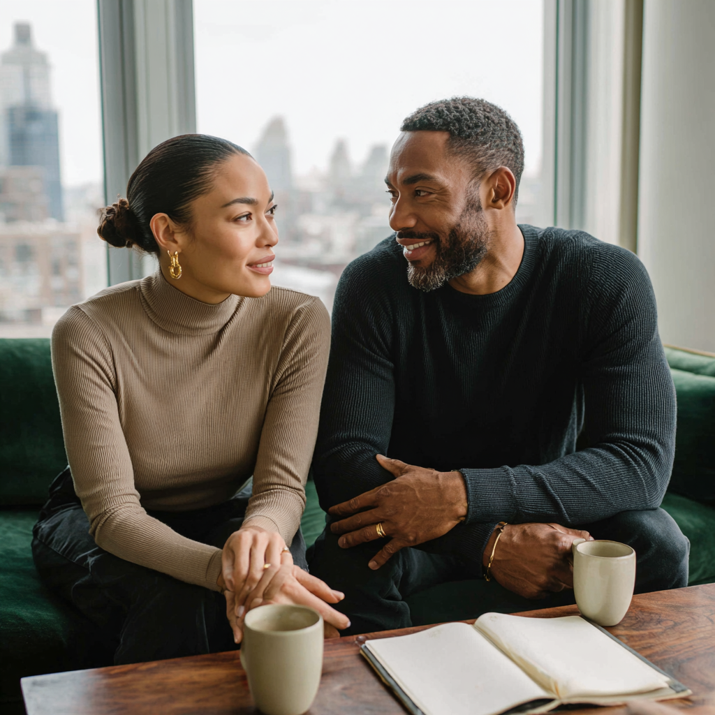 African American couple in meaningful conversation about relationship counseling questions on their sofa