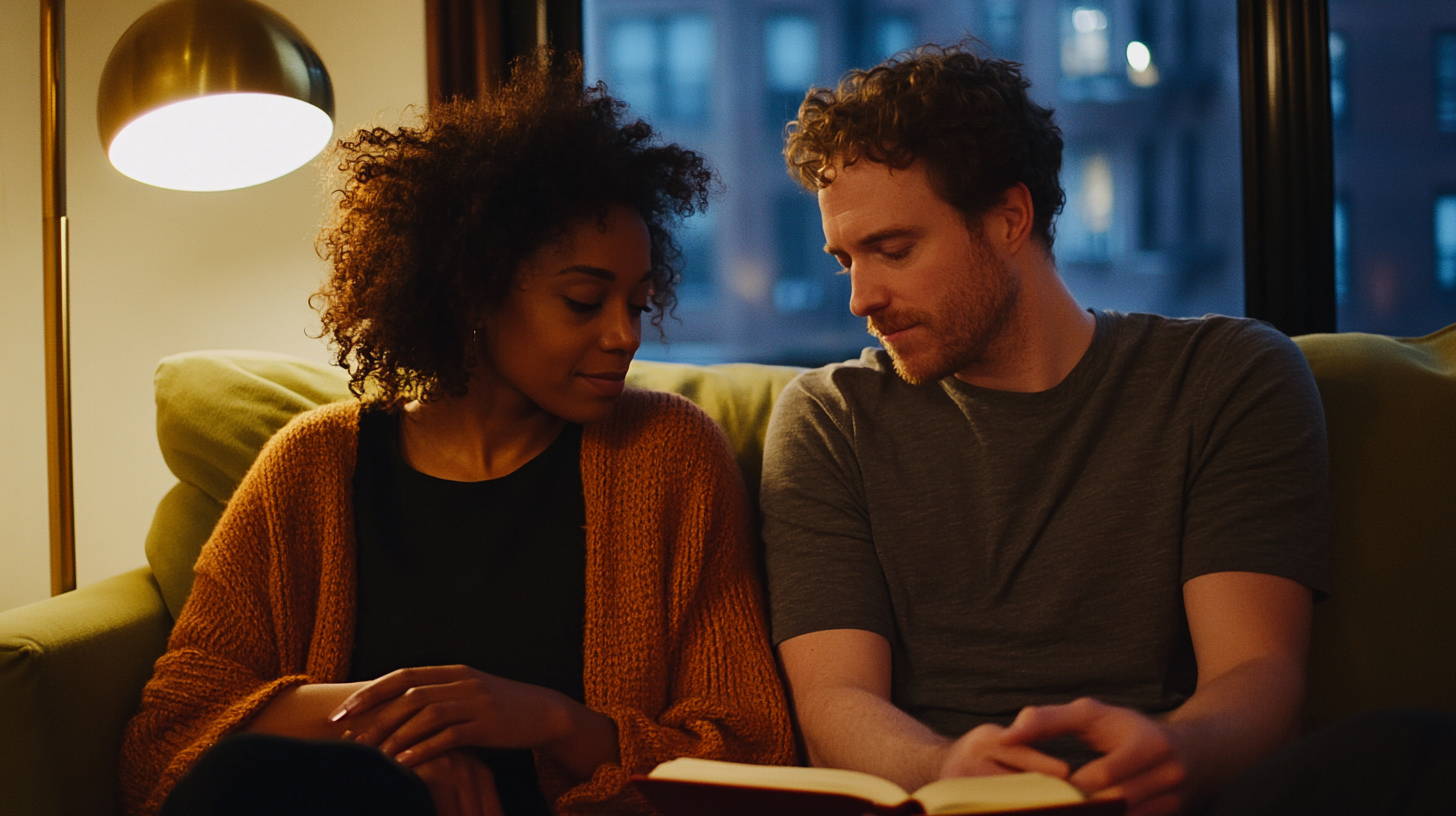 Couple sitting apart on sofa during intimate conversation about relationship counseling and communication