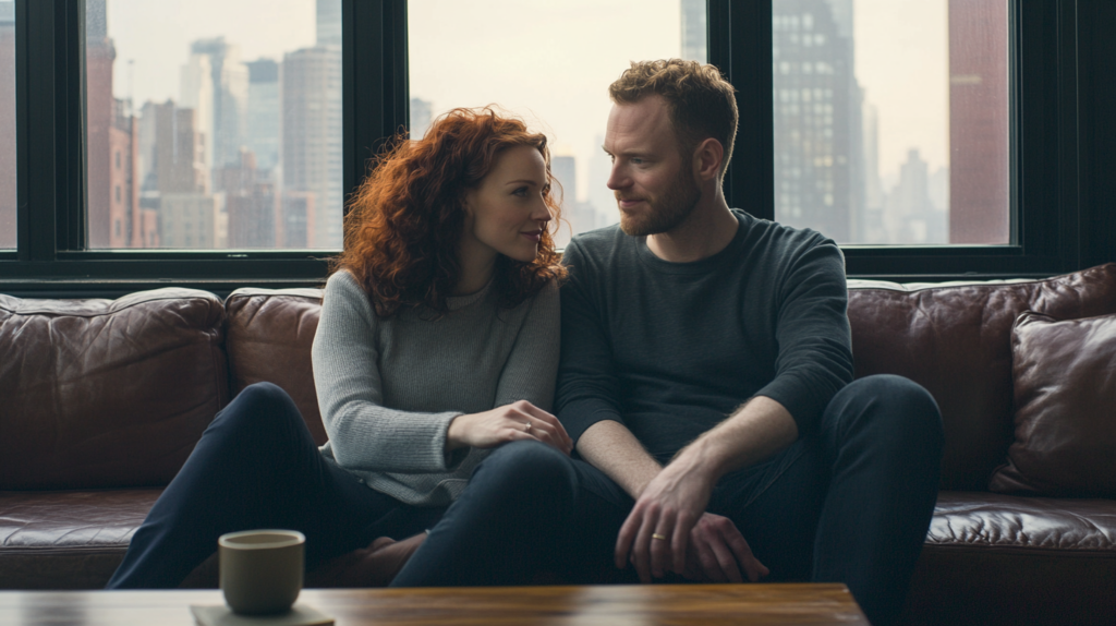 Married Manhattan couple in steady eye contact on a Tribeca loft sofa during a meaningful conversation about relationship counseling questions and what to expect in online couples therapy at Loving at Your Best