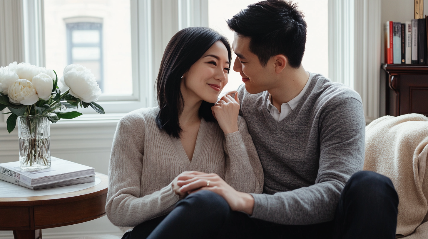 Couple in Manhattan apartment exploring relationship counseling questions about intimacy and emotional safety