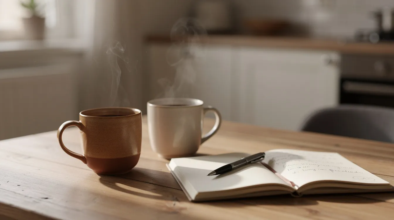 Two coffee mugs and a notebook representing quiet reflection before a relationship counseling session