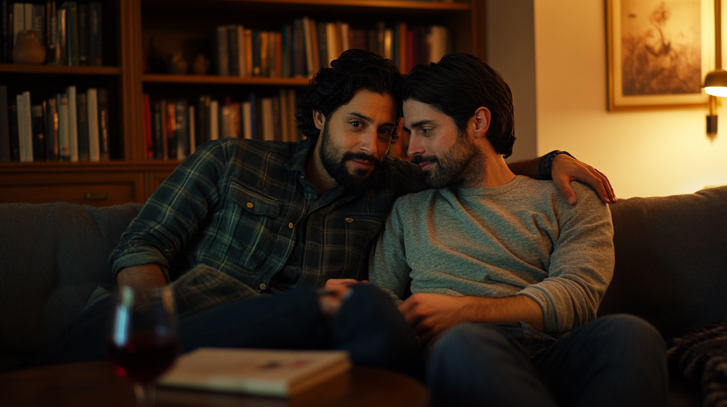 Same-sex couple on a Brooklyn sofa discussing how many sessions of relationship counseling they need