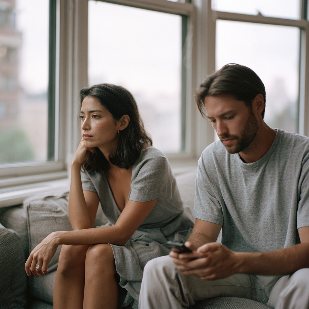 Wife sitting thoughtfully on a sofa while her husband looks at his phone, showing quiet emotional distance in a Manhattan marriage.