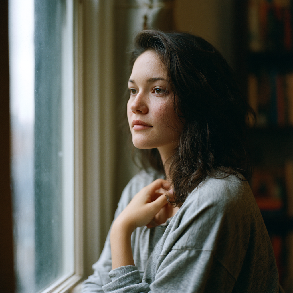 Woman alone by a brownstone window in a reflective moment, illustrating how a partner's words touch deeper attachment wounds.
