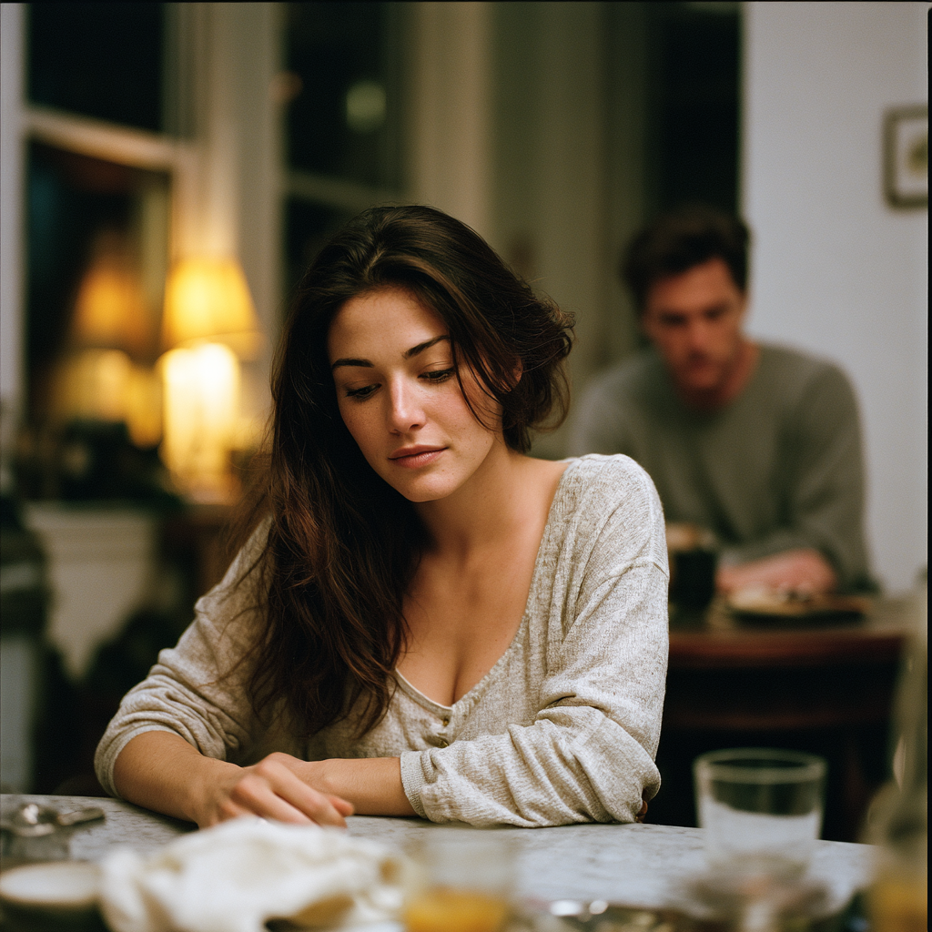 he "polite roommates" beat—two people sharing a space yet emotionally apart. A muted domestic scene of parallel disconnection.
