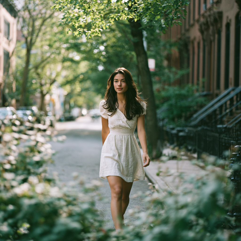 Woman walking with quiet confidence on a leafy Park Slope street in summer, reclaiming her own life and sense of worth.