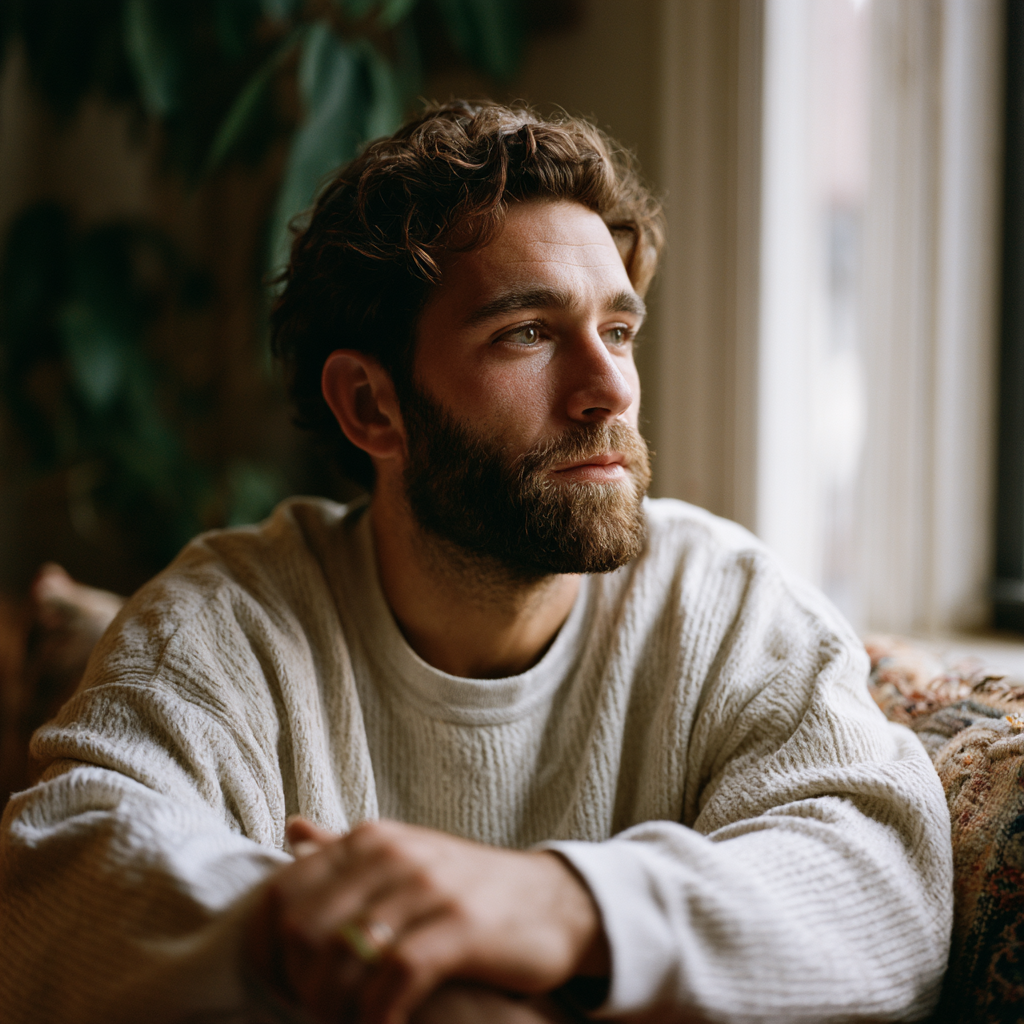 Husband in a relaxed, thoughtful posture at home, reflecting a reluctant partner beginning to soften toward couples therapy.
