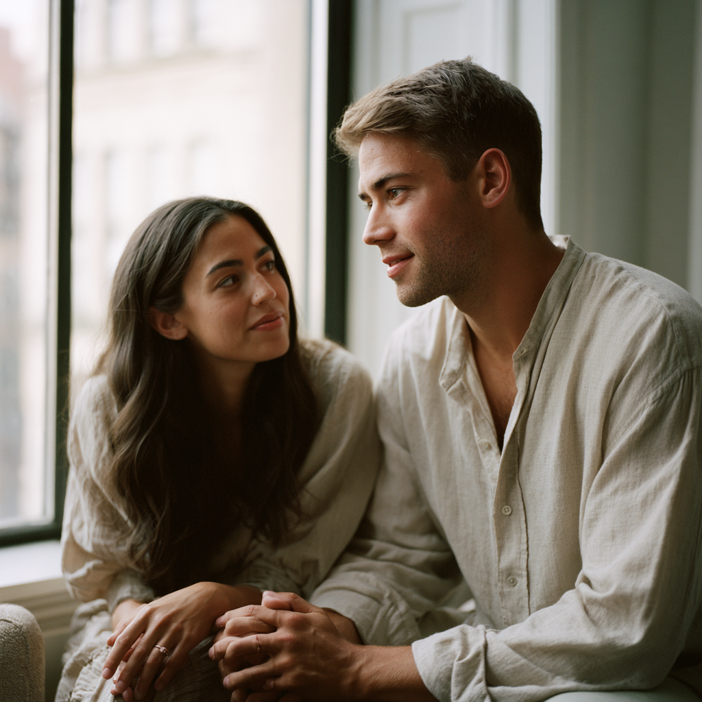 Couple leaning toward each other in attentive conversation during couples therapy, showing repair and renewed connection.