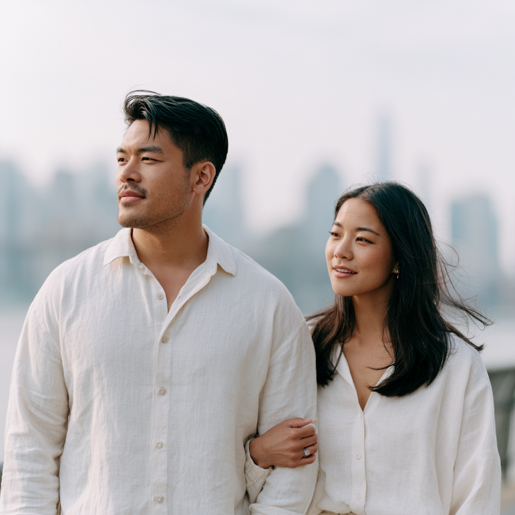 Asian couple walking a quiet Brooklyn street, leaning toward each other in conversation.