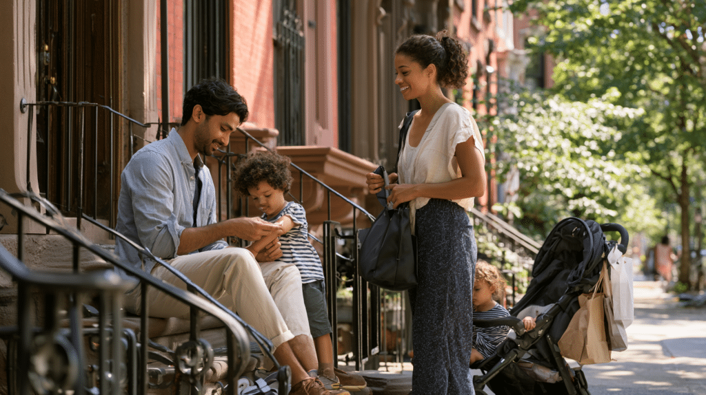 Parents managing two young children and a stroller on a Park Slope brownstone stoop.