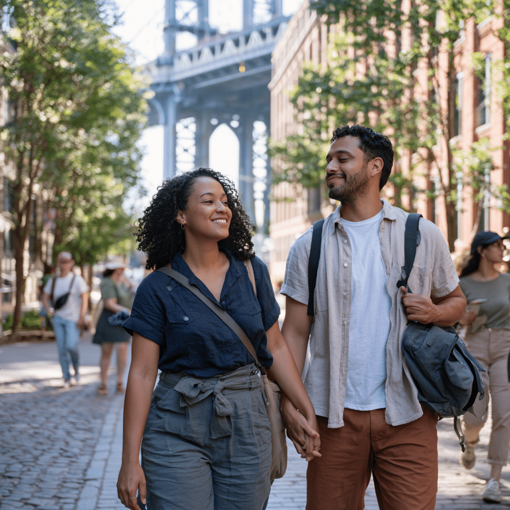 Couple walking together along the DUMBO waterfront, a familiar view for partners starting couples counseling in Brooklyn.