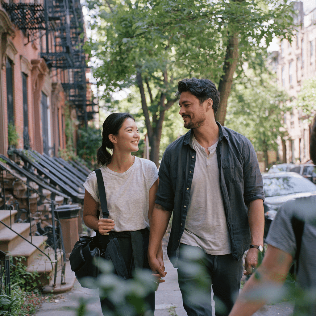 East Asian woman and Latino man walking hand in hand along a brownstone-lined Fort Greene street.