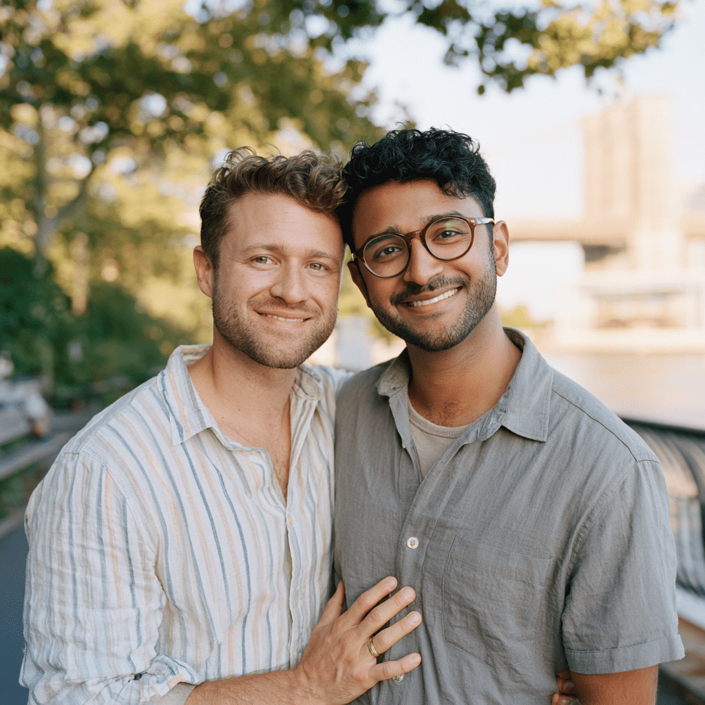 White man and Asian man standing together near the Brooklyn Bridge on a summer afternoon.