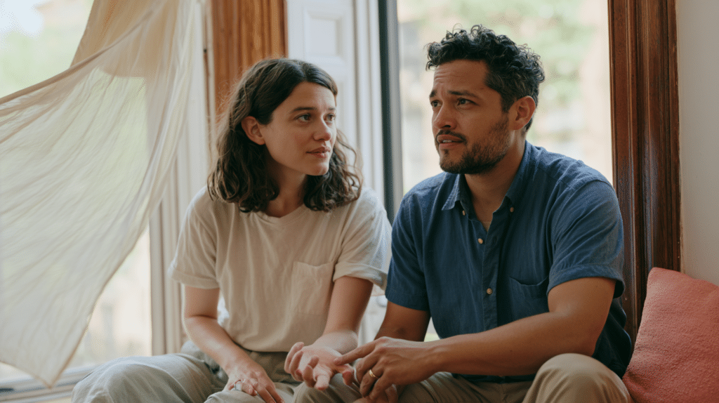 Woman and man cautiously touching hands during a quiet moment of reconnection at home.
