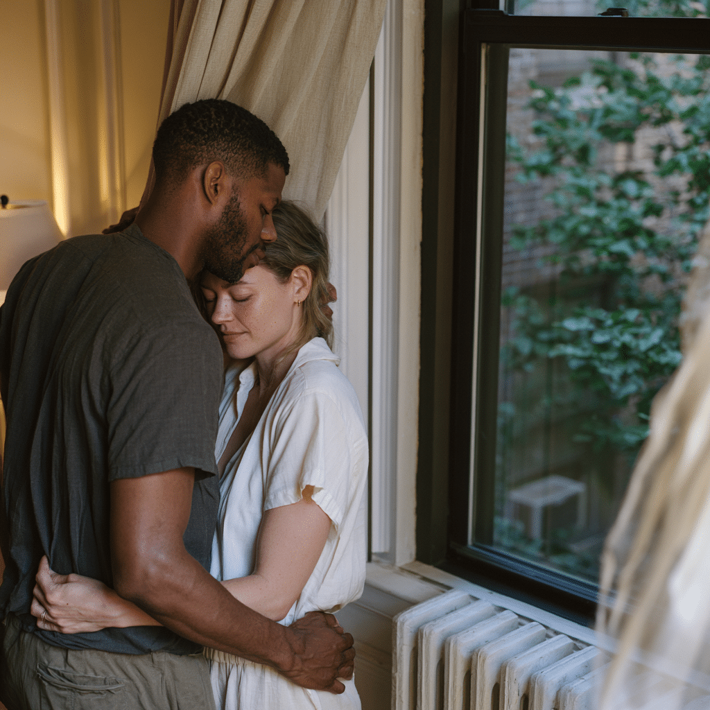 Couple standing in a quiet embrace beside an open apartment window on a summer evening.