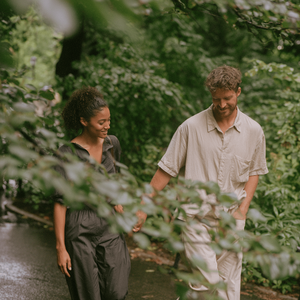 Couple walking through Prospect Park as one partner tentatively reaches toward the other’s hand.