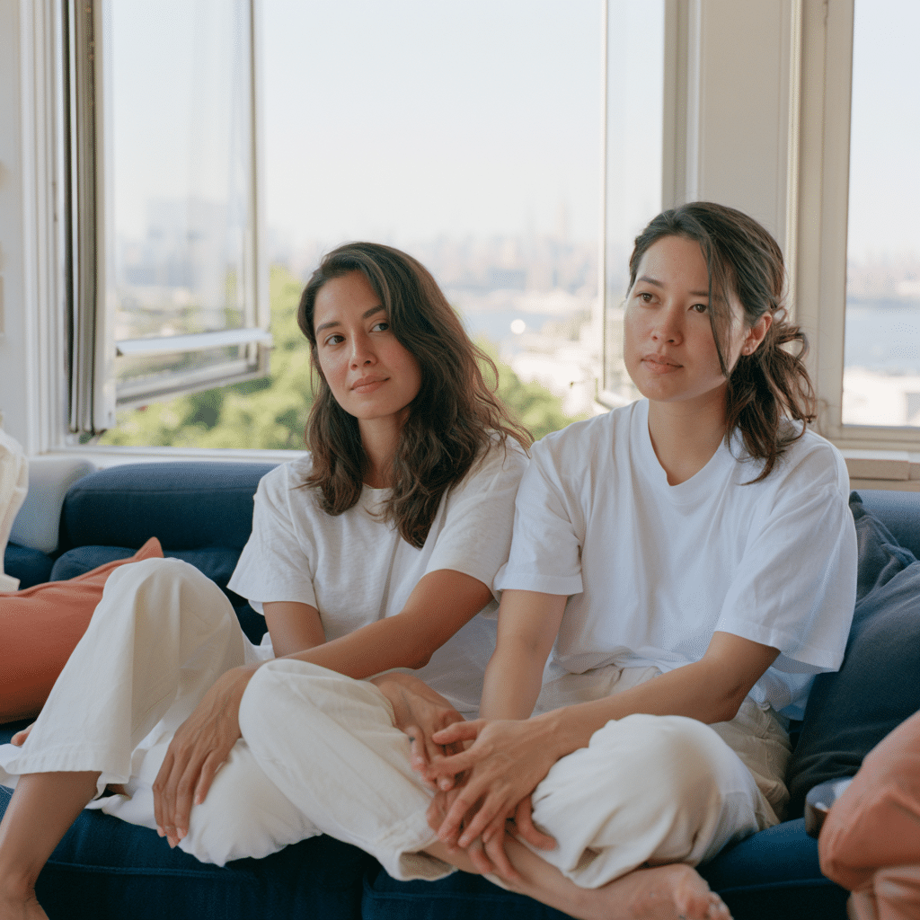 Two women sitting close together on a sofa after a calm conversation in their Brooklyn apartment.