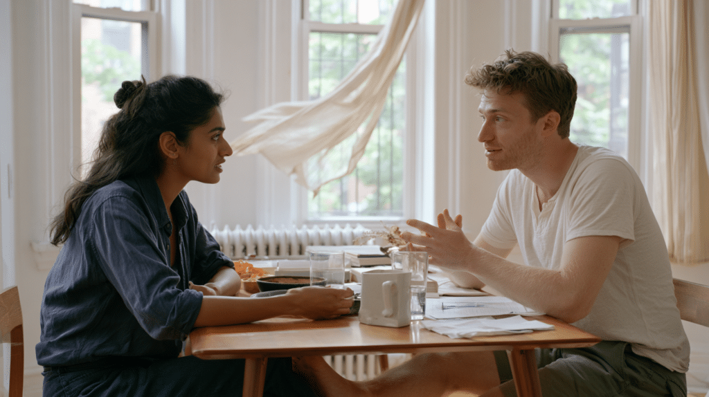 South Asian woman and white man having a quiet conversation in their Brooklyn apartment.