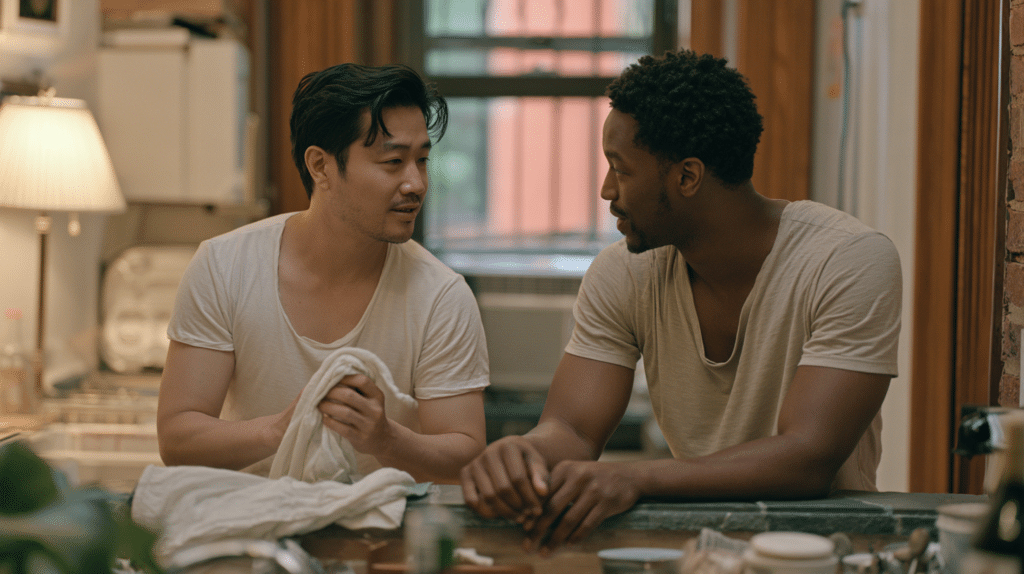 Two male partners paused during a tense conversation beside an open dishwasher in their Brooklyn kitchen.