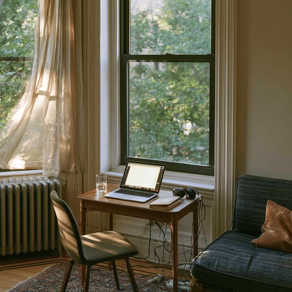 Laptop and chair arranged for a private online therapy session in a sunlit Brooklyn apartment.