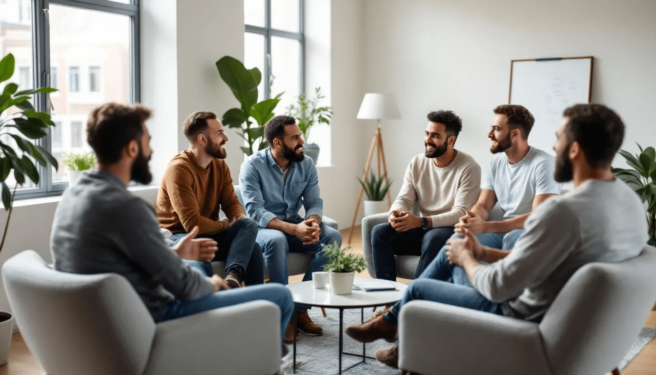 In a modern NYC apartment, a diverse group of men participates in an online therapy session led by licensed therapists, focusing on mental health challenges such as anxiety, depression, and substance abuse. The men engage in open discussions, sharing their feelings and coping strategies, creating a supportive environment for personal growth and healing.