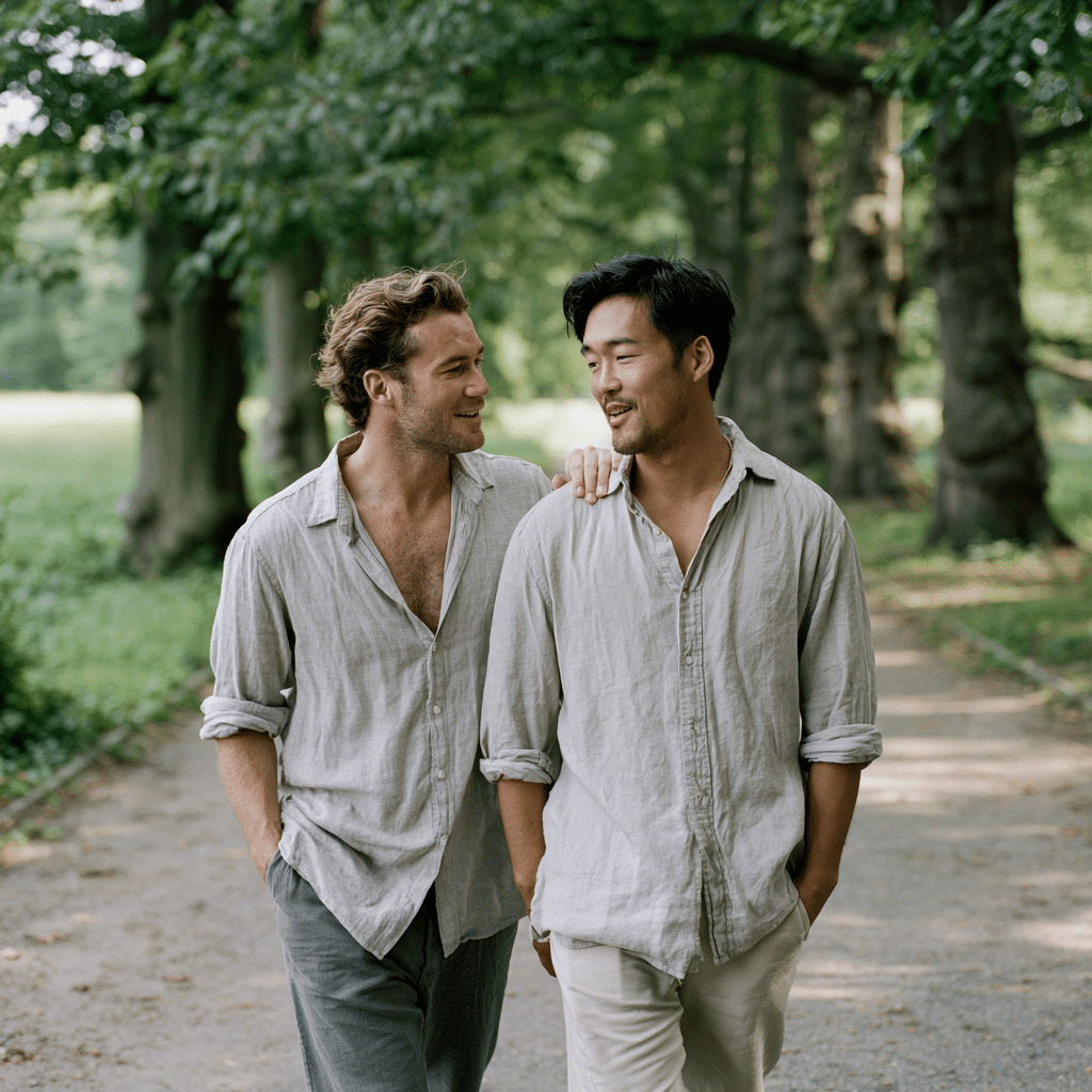 Male couple walking a Prospect Park path, turned toward each other in conversation.