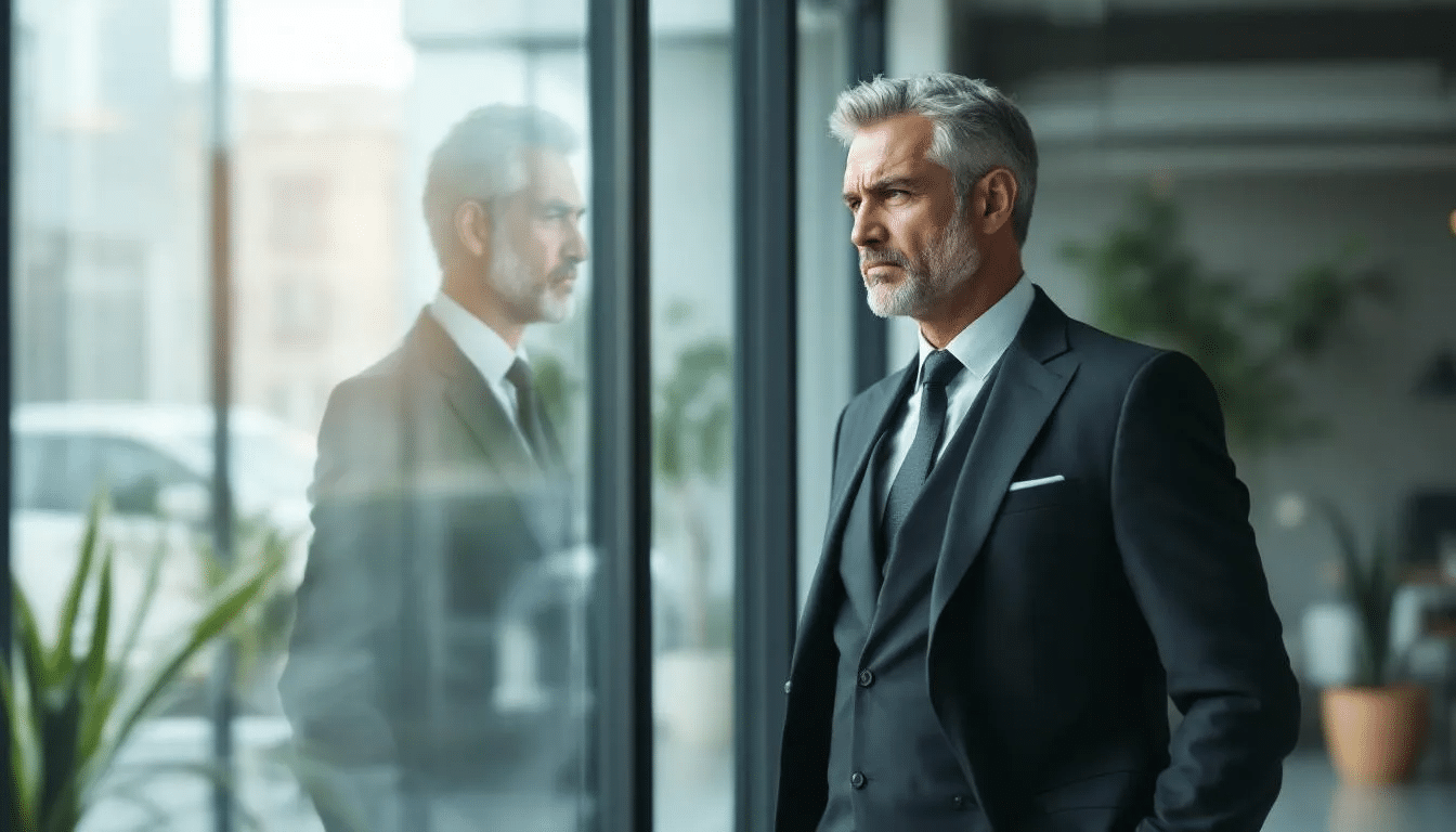 A successful man stands near a large office window, gazing out while displaying subtle signs of internal struggle, reflecting the complexities of men's mental health. His expression hints at the mental health challenges he faces, illustrating the importance of support and coping strategies in everyday life.