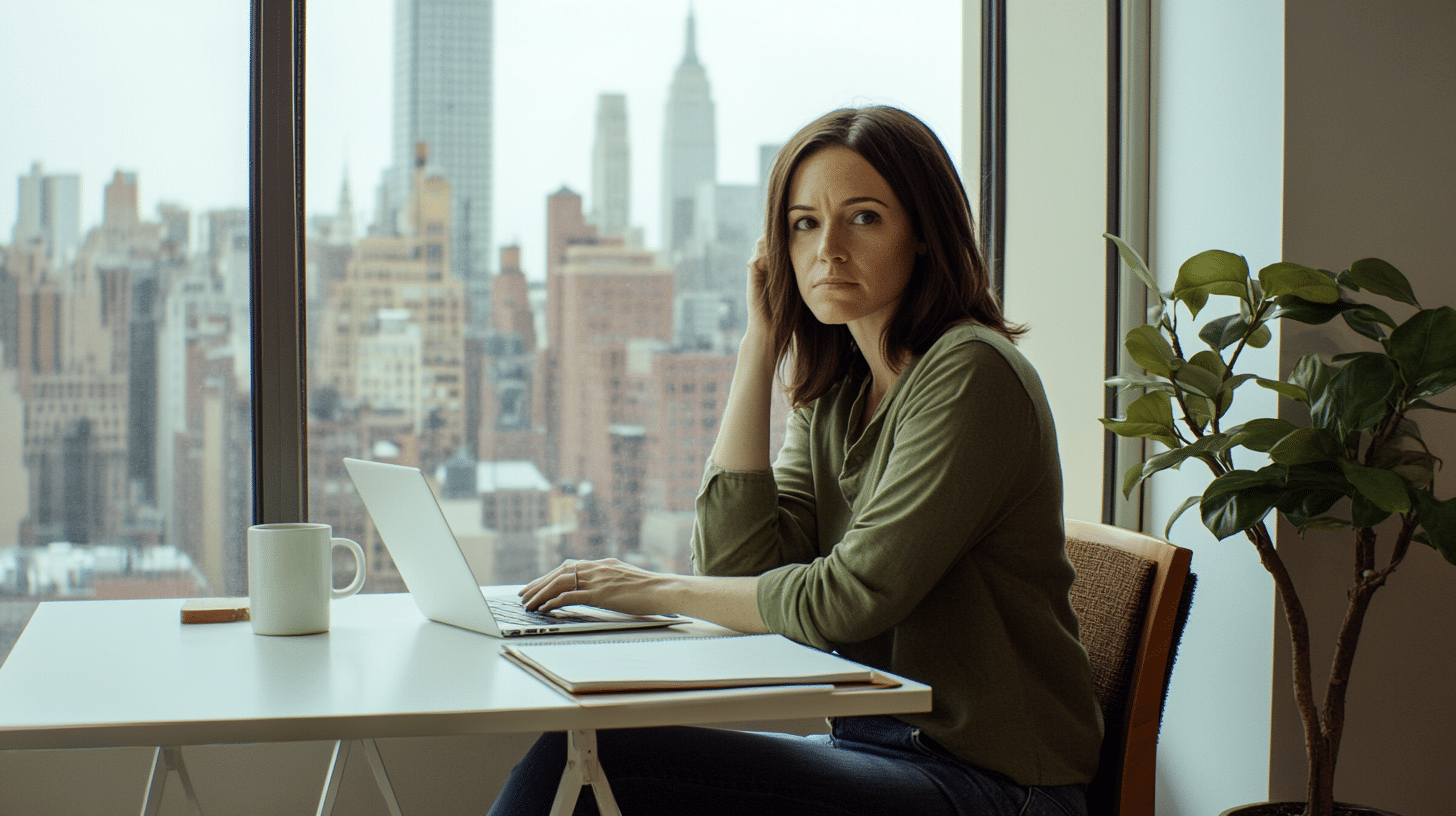 Manhattan professional considering online couples therapy NYC between work meetings from her home office.