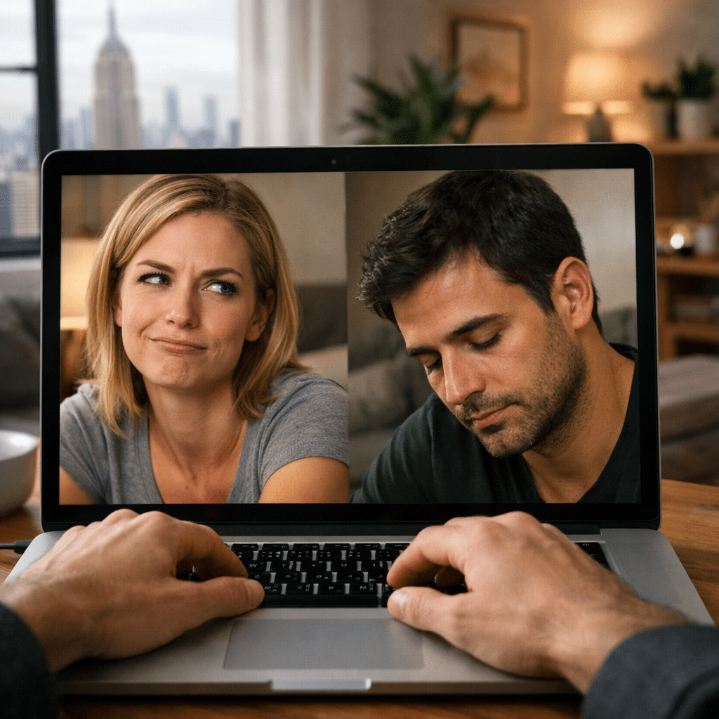 Close‑up of a partner’s subtle sneer while the other looks down during a video call.