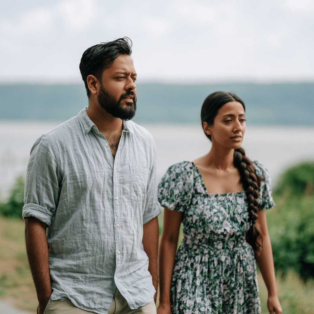 Couple walking a tree-lined path side by side, talking while looking ahead.