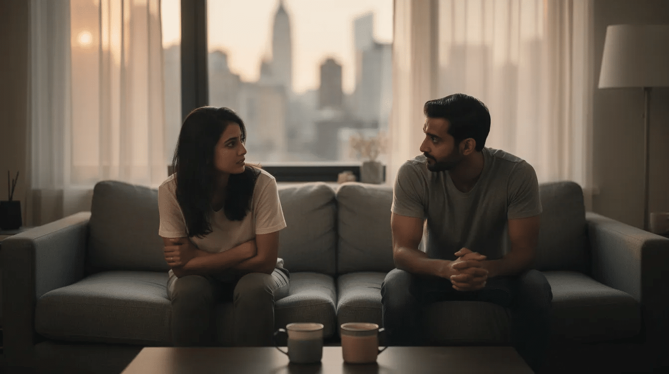 The image depicts an Indian American heterosexual couple sitting apart on a couch in a dimly lit NYC apartment, embodying visible emotional distance and tension, with minimal eye contact. This candid moment captures the essence of troubled relationships, highlighting the need for intimacy connection and joy, as emphasized by the world's leading relationship scientists, John and Julie Gottman.