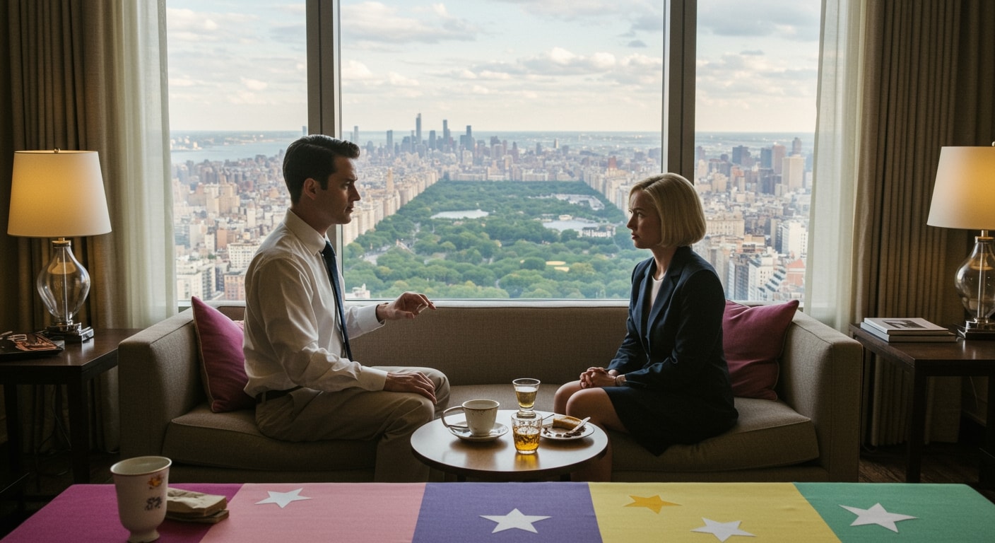 Image of a couple in NYC near Central Park, where one partner is criticizing the other partner.