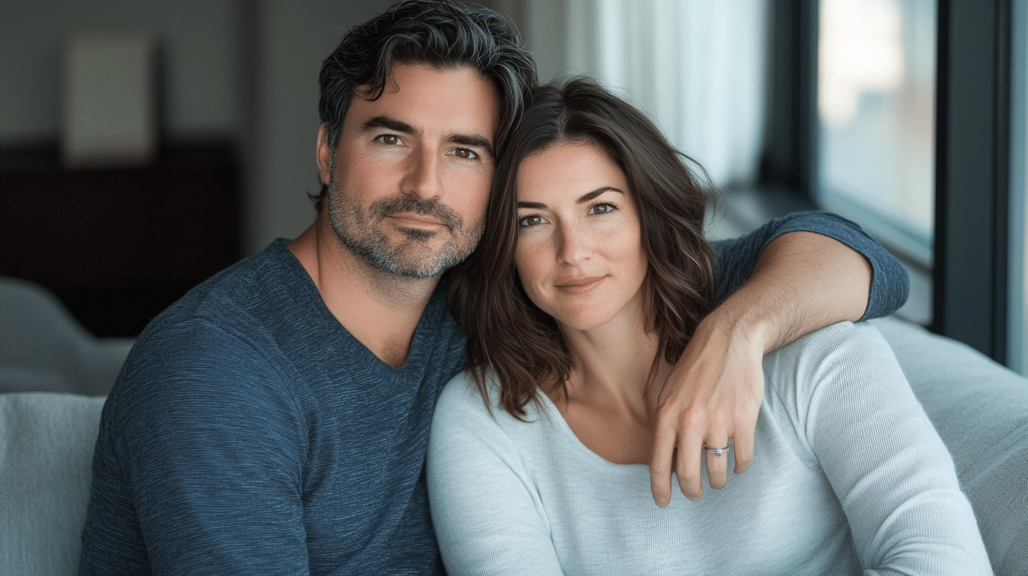 New York couple sitting on the couch after successful online couples therapy.