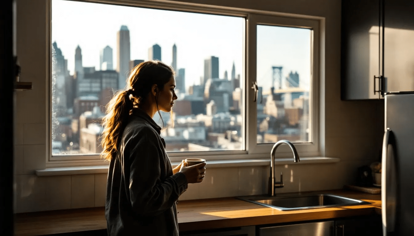 In a sunlit Brooklyn Heights kitchen, a woman stands by the counter with a coffee mug, gazing toward a closed door, embodying a sense of emotional distance and isolation. The classic NYC skyline visible through the window adds to the quiet mood, reflecting a moment of introspection in her personal relationships.