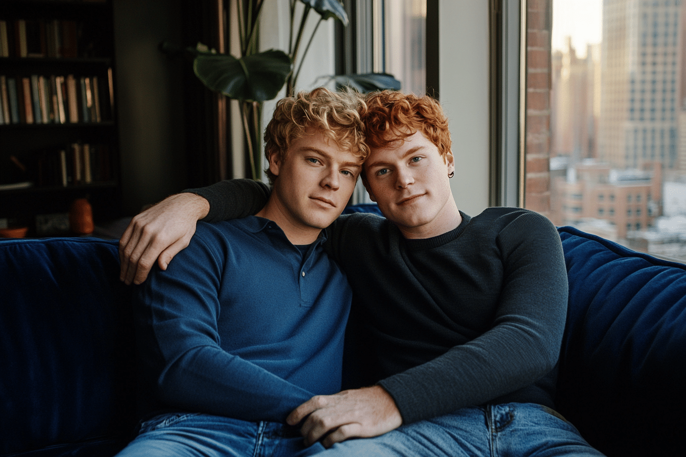 Gay male couple sitting together on a couch in their Manhattan apartment, one partner's hand resting on the other's knee in a moment of casual physical connection, illustrating the Gottman research showing that affectionate touch reduces stress hormone levels and predicts greater intimacy and satisfaction