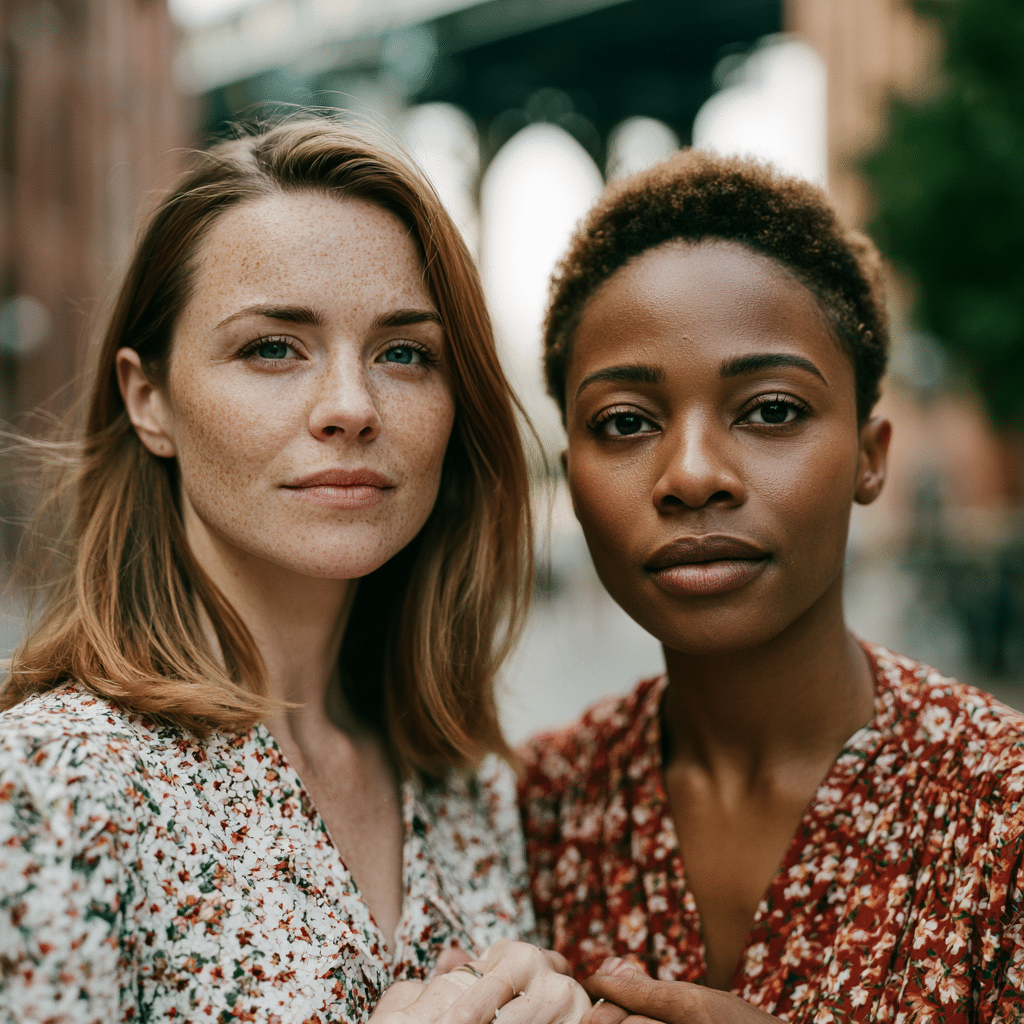 Female couple in a Brooklyn kitchen, one leaning on the counter while the other listens over coffee.
