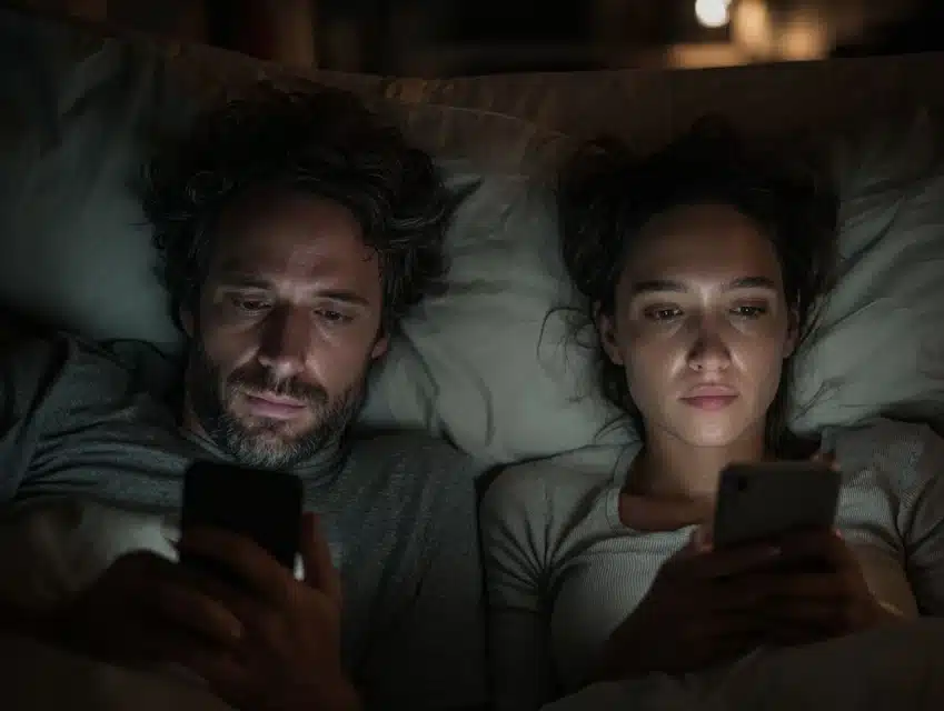 Couple lying back-to-back in bed at night, each staring at their own phone, faces lit by screens, showing emotional distance.